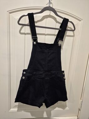 Black Denim Short Overalls Pink Lily